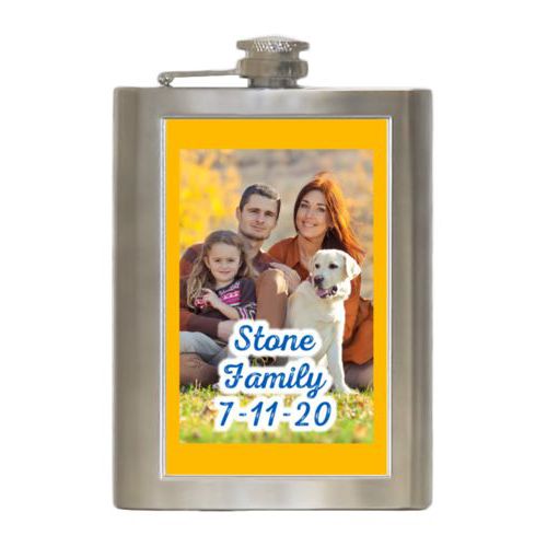 Personalized 8oz flask personalized with photo and the saying "Stone Family 7-11-20"