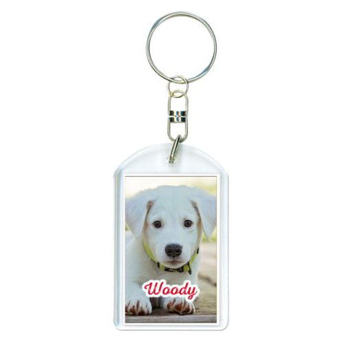Personalized plastic keychain personalized with photo and the saying "Woody"