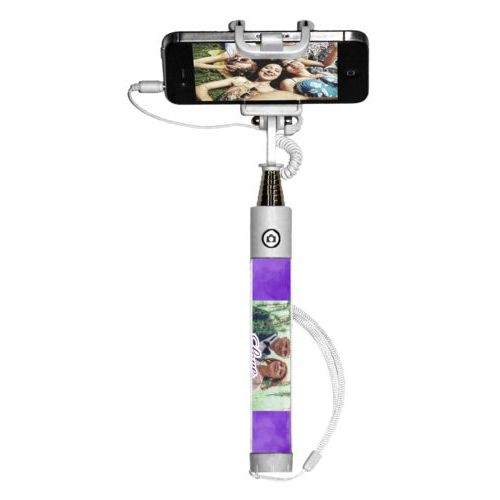 Personalized selfie stick personalized with purple cloud pattern and photo and the saying "love"