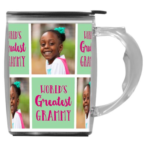 Custom mug with handle personalized with a photo and the saying "World's Greatest Grammy" in pomegranate and spearmint