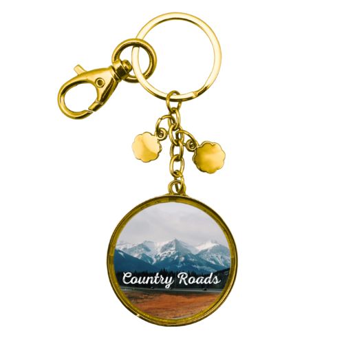 Personalized metal keychain personalized with photo and the saying "Country Roads"