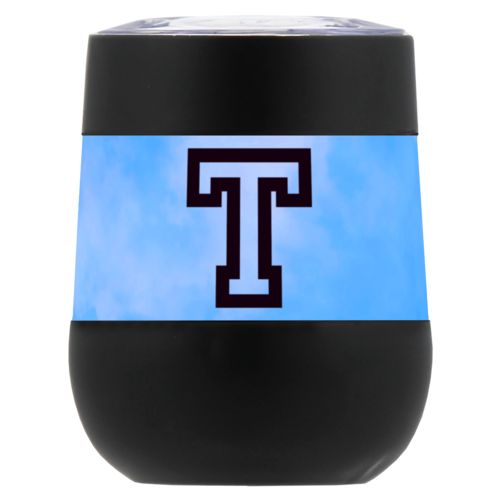 Personalized insulated wine tumbler personalized with light blue cloud pattern and the saying "T"