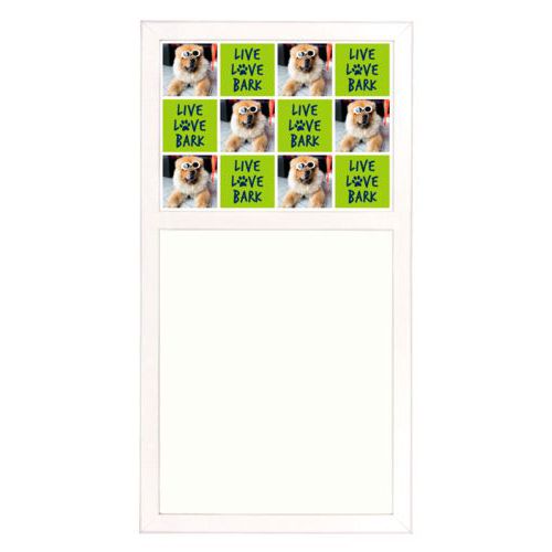 Personalized white board personalized with a photo and the saying "Live love bark" in navy blue and juicy green