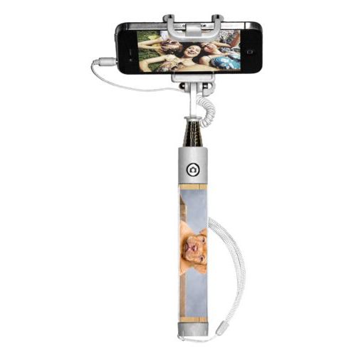 Personalized selfie stick personalized with natural wood pattern and photo
