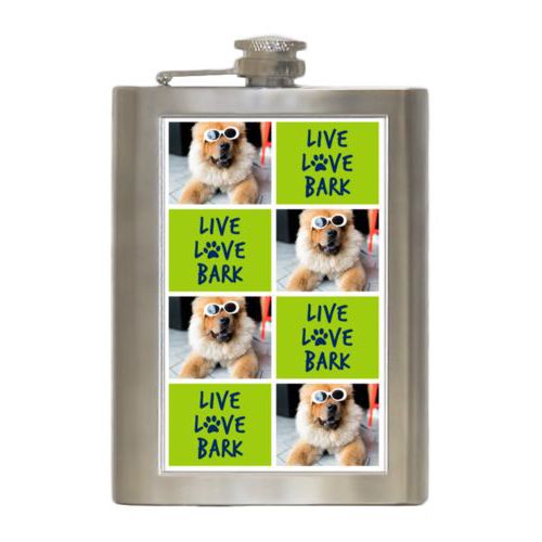 Personalized 8oz flask personalized with a photo and the saying "Live love bark" in navy blue and juicy green
