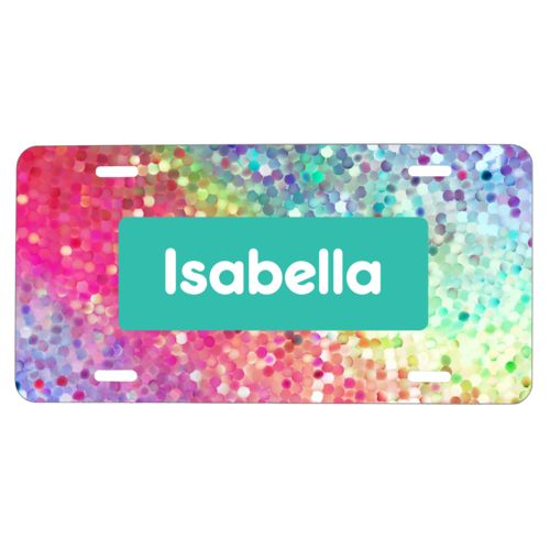 Custom license plate personalized with glitter pattern and name in minty