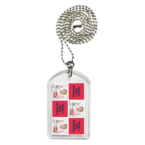 Personalized dog tag personalized with a photo and the saying "Noah's fifth birthday" in navy blue and red