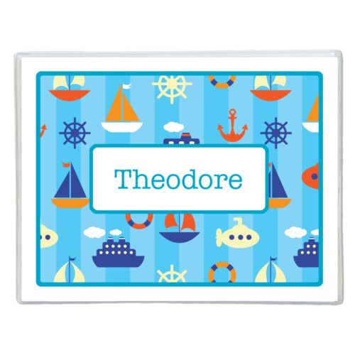Personalized note cards personalized with submarine pattern and name in teal