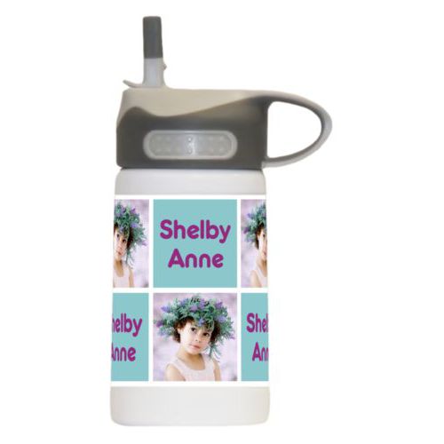 Boys water bottle personalized with a photo and the saying "Shelby Anne" in dream on - plum and blizzard blue