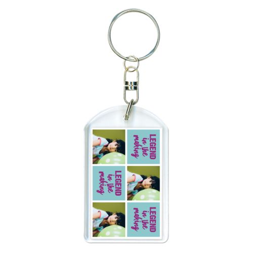 Personalized plastic keychain personalized with a photo and the saying "Legend in the Making" in dream on - plum and blizzard blue