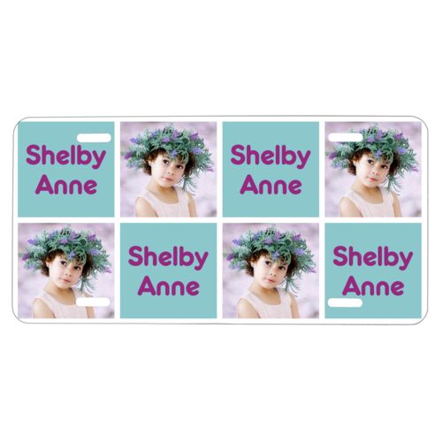 Personalized license plate personalized with a photo and the saying "Shelby Anne" in dream on - plum and blizzard blue