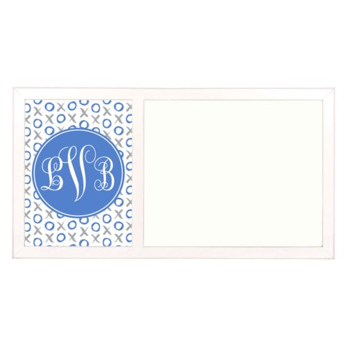 Personalized white board personalized with hugs pattern and monogram in winter blue and silver