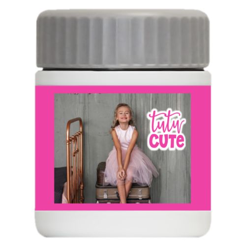 Personalized 12oz food jar personalized with photo and the saying "tutu cute"