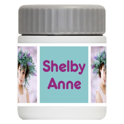 Personalized 12oz food jar personalized with a photo and the saying "Shelby Anne" in dream on - plum and blizzard blue