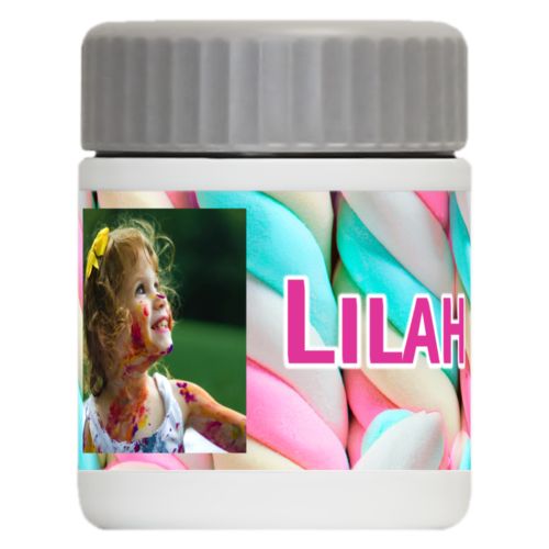 Personalized 12oz food jar personalized with sweets twist pattern and photo and the saying "Lilah"