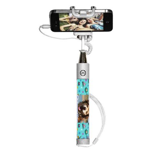 Personalized selfie stick personalized with bugs dragonfly pattern and photo and the saying "Samantha"