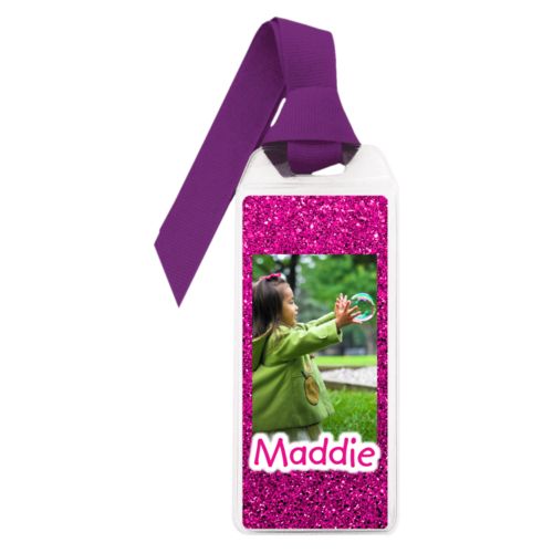 Personalized book mark personalized with pink glitter pattern and photo and the saying "Maddie"