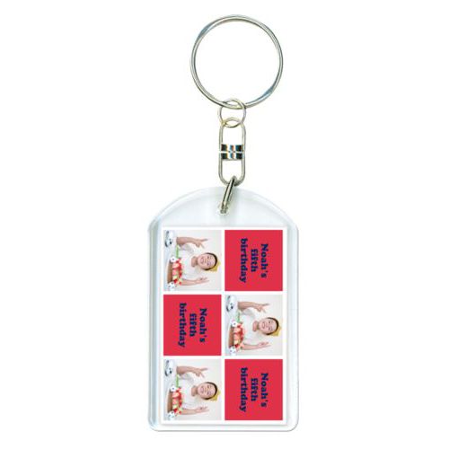 Personalized keychain personalized with a photo and the saying "Noah's fifth birthday" in navy blue and red