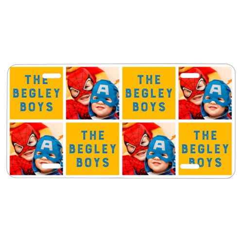 Custom car plate personalized with a photo and the saying "The Begley Boys" in blue and gold