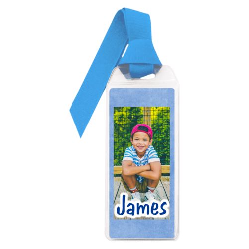 Personalized book mark personalized with blue chalk pattern and photo and the saying "James"