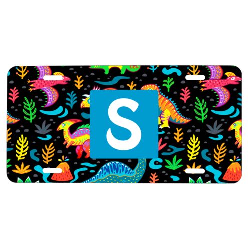 Custom license plate personalized with dinos pattern and initial in caribbean blue