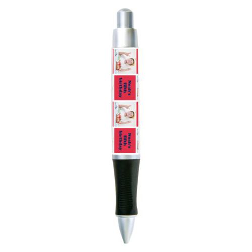 Personalized pen personalized with a photo and the saying "Noah's fifth birthday" in navy blue and red