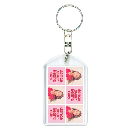 Personalized keychain personalized with a photo and the saying "dance your heart out" in cherry red and rosy cheeks pink
