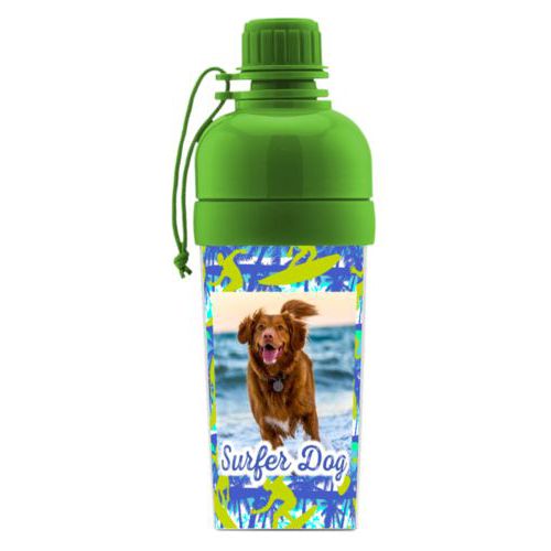 Kids water bottle personalized with sup pattern and photo and the saying "Surfer Dog"