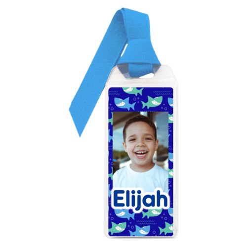 Personalized book mark personalized with sharks pattern and photo and the saying "Elijah"