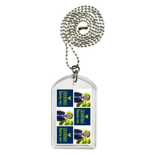 Personalized dog tag personalized with a photo and the saying "Grandma loves me" in juicy green and navy blue