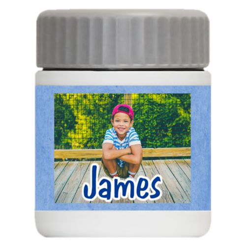 Personalized 12oz food jar personalized with blue chalk pattern and photo and the saying "James"