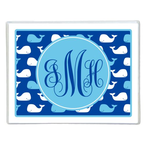 Personalized note cards personalized with whales pattern and monogram in ultramarine