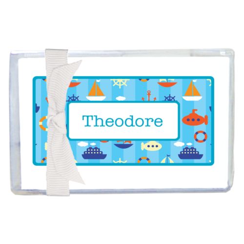 Personalized enclosure cards personalized with submarine pattern and name in teal