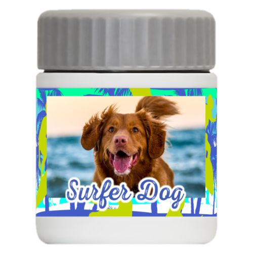 Personalized 12oz food jar personalized with sup pattern and photo and the saying "Surfer Dog"