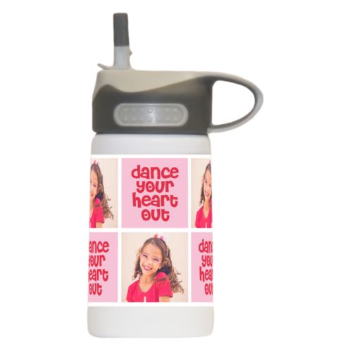 Childrens water bottle personalized with a photo and the saying "dance your heart out" in cherry red and rosy cheeks pink