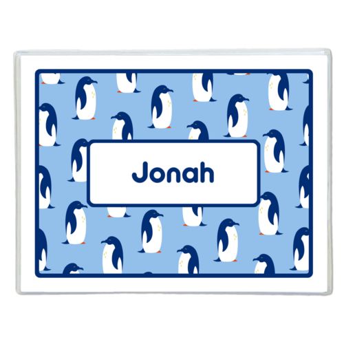 Personalized note cards personalized with penguins pattern and name in blue