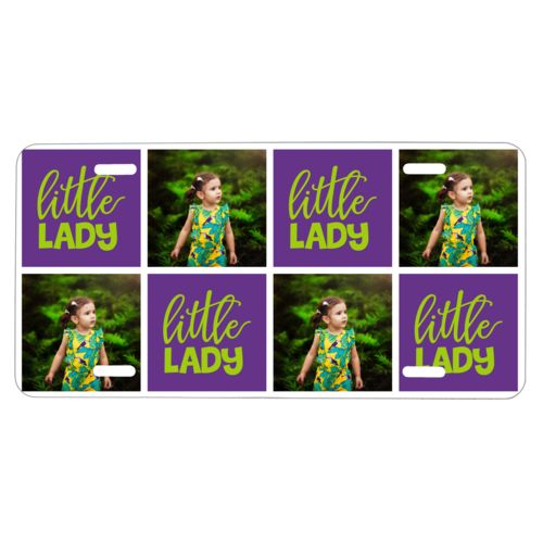 Custom car plate personalized with a photo and the saying "little lady" in juicy green and amethyst purple