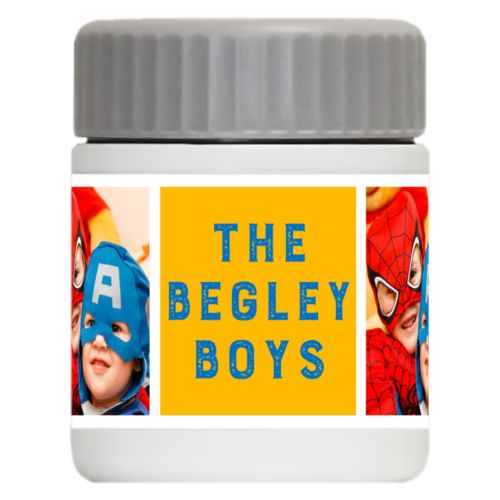 Personalized 12oz food jar personalized with a photo and the saying "The Begley Boys" in blue and gold
