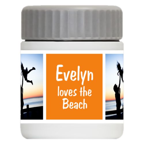 Personalized 12oz food jar personalized with a photo and the saying "Evelyn loves the Beach" in juicy orange and white