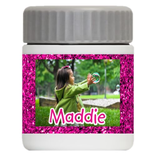Personalized 12oz food jar personalized with pink glitter pattern and photo and the saying "Maddie"