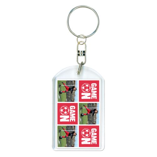 Personalized keychain personalized with a photo and the saying "Game On" in cherry red and white