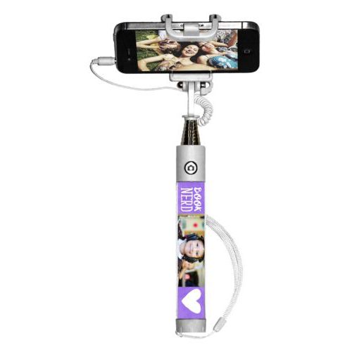 Personalized selfie stick personalized with purple chalk pattern and photo and the sayings "book nerd" and "Heart"