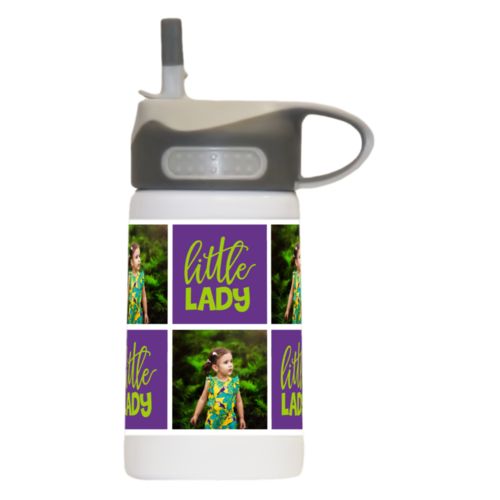 Personalized water bottle for kids personalized with a photo and the saying "little lady" in juicy green and amethyst purple