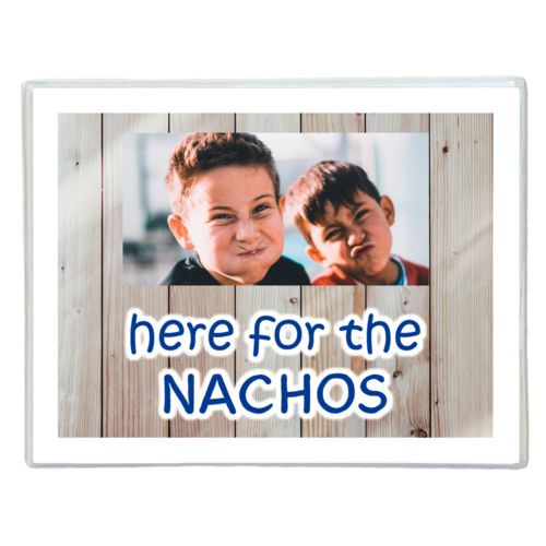 Personalized note cards personalized with light wood pattern and photo and the saying "here for the Nachos"