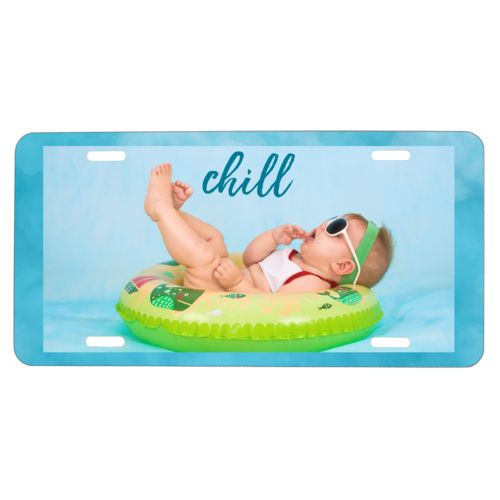 Personalized license plate personalized with teal cloud pattern and photo and the saying "chill"