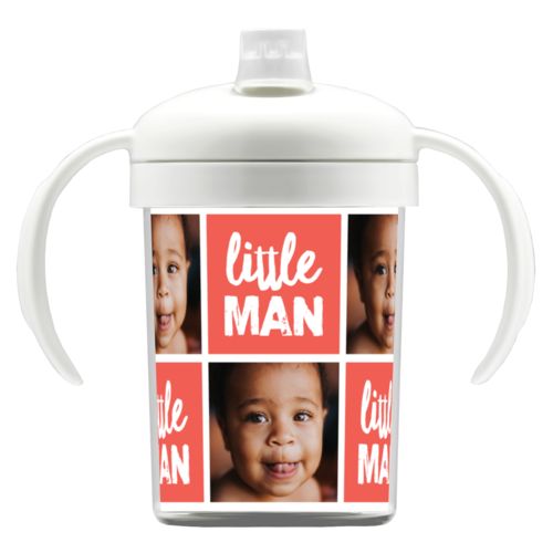 Personalized sippycup personalized with a photo and the saying "little man" in flamingo and white