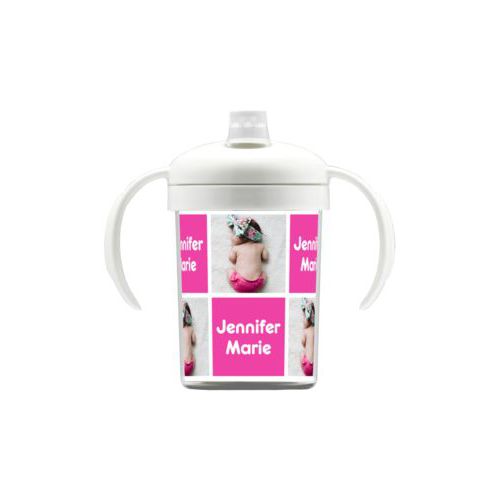 Personalized sippycup personalized with a photo and the saying "Jennifer Marie" in juicy pink and white