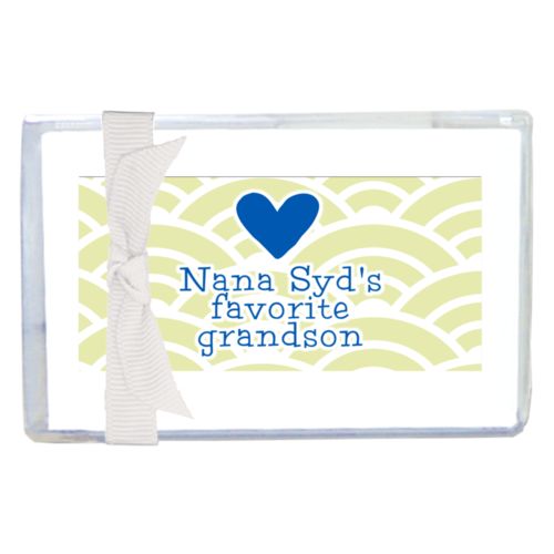 Personalized enclosure cards personalized with sunrise pattern and the sayings "Nana Syd's favorite grandson" and "Heart"