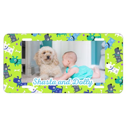 Custom license plate personalized with puppies pattern and photo and the saying "Shasta and Dolly"