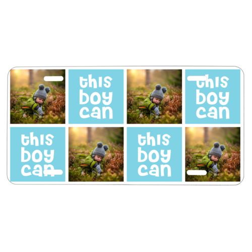 Custom car plate personalized with a photo and the saying "this boy can" in 1055 (sweet teal and white)